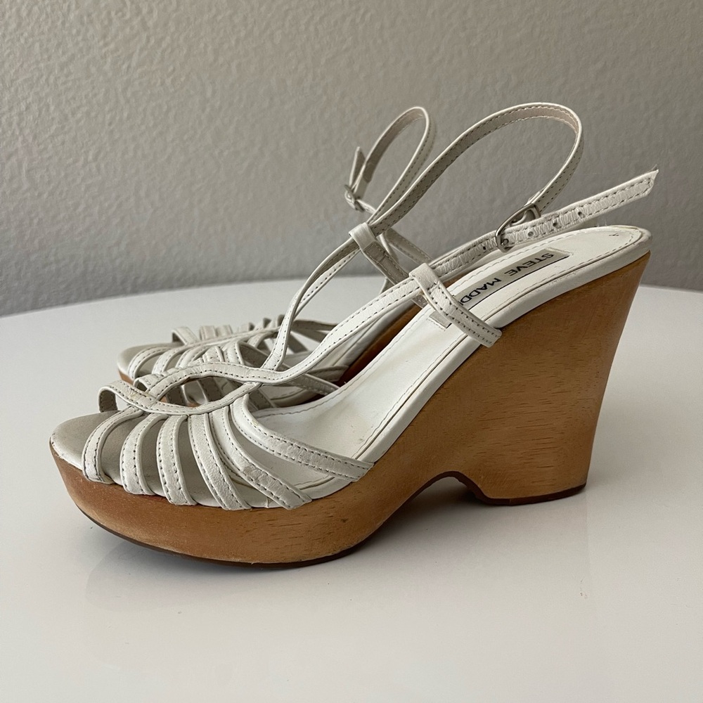 Steve Madden Women’s White Strappy Platform Wooden Wedges